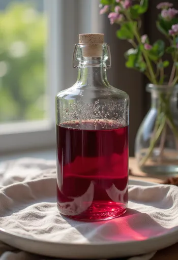 Vinagre de vino tinto en tazón de vidrio, rodeado de uvas rojas oscuras, mosto y madre de vinagre sobre mesa rústica