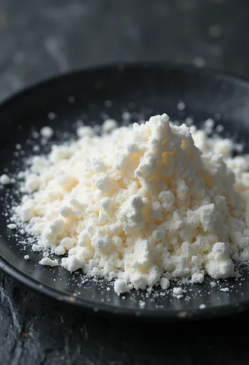 Polvo de goma xantana en tazón pequeño de cerámica con cuchara de madera, fondo claro