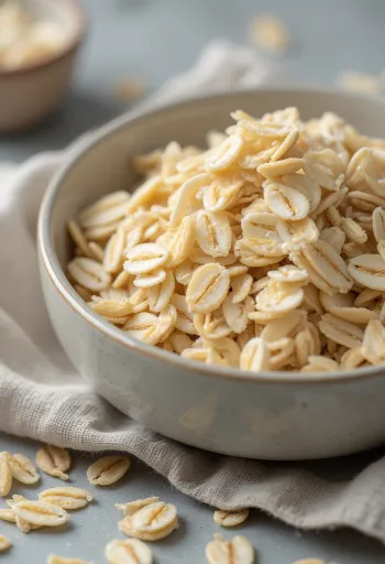 Hojuelas de avena crudas en tazón de cerámica, sobre madera