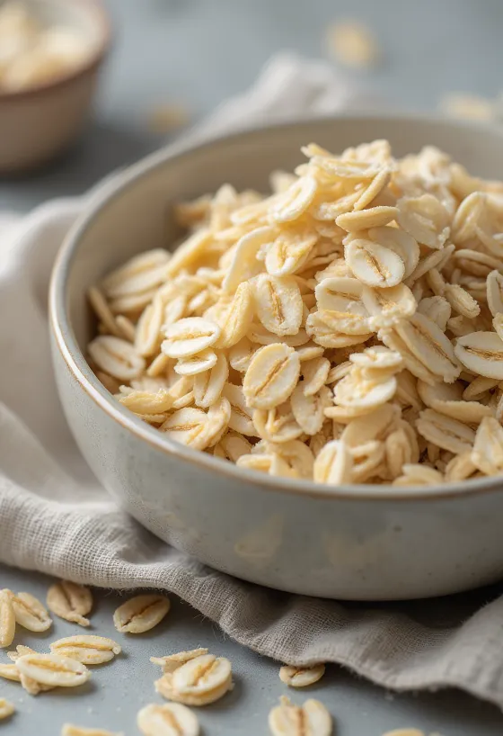 Hojuelas de avena crudas en tazón de cerámica, sobre madera