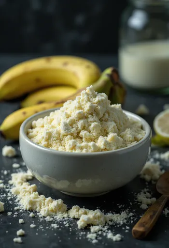 Harina de plátano verde en tazón y cuchara, rodeada de plátanos verdes