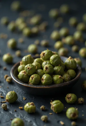 Pimienta verde entera en tazón de cerámica y superficie de cocina