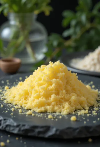 Grenetina en polvo en tazón pequeño, con cuchara medidora de madera, fondo claro