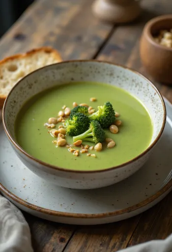 Crema de brócoli servida con crotones crujientes.