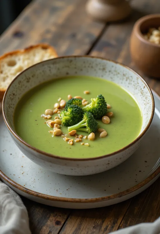 Crema de brócoli servida con crotones crujientes.