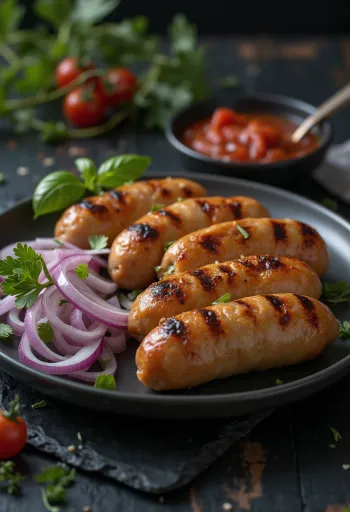 Cevapcici servido con ajvar y pan