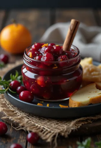 Chutney de arándanos con canela y naranja en frasco, servido con quesos y carnes asadas