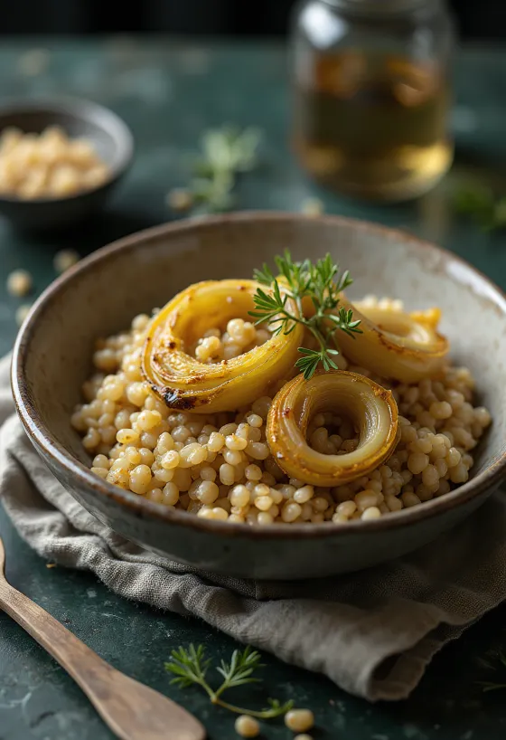 Ensalada de farro servida con puerro asado y aderezo de mostaza