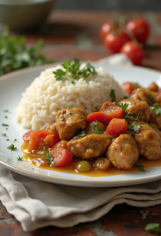 Hígado de pollo con lecsó y arroz servido