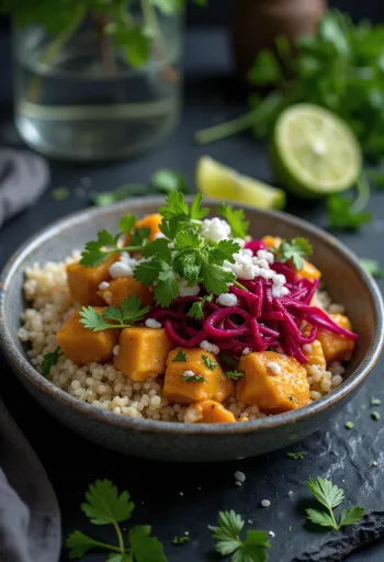 Buddha bowl de quinoa y tofu al curry con betabel servido