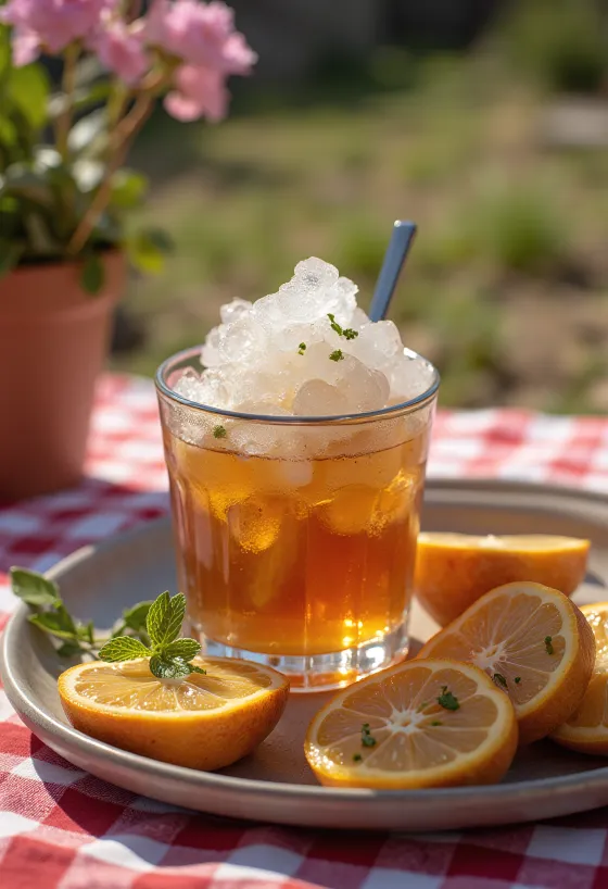 Cóctel Mint Julep decorado con hojas de menta y hielo picado
