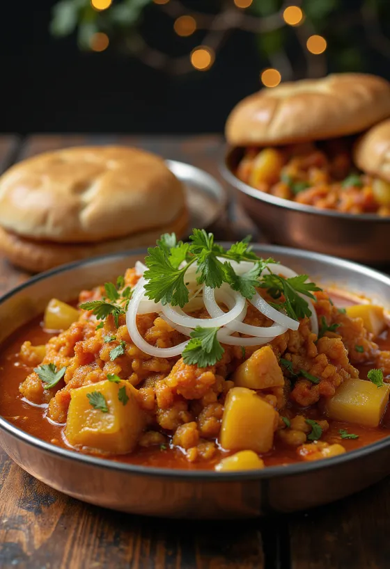 Misal Pav estilo Nagpur, en un tazón rica salsa de frijol mungo y papa, servido con bollo crujiente