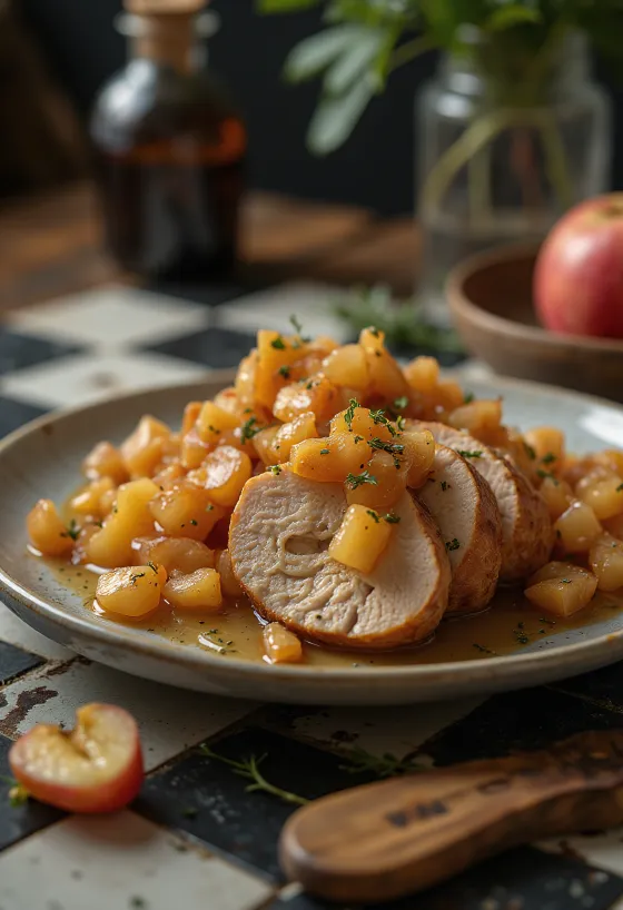 Pork loin servido con compota de manzana y decorado con tomillo fresco