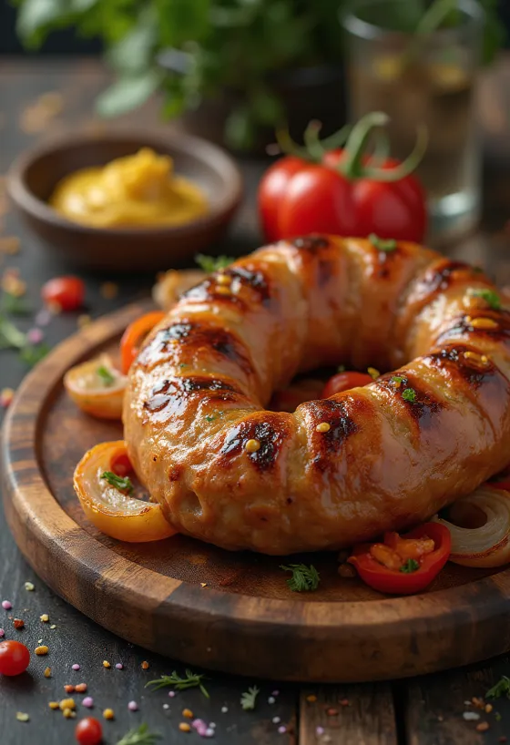 Salchicha asada dorada, con piel crujiente y hierbas frescas