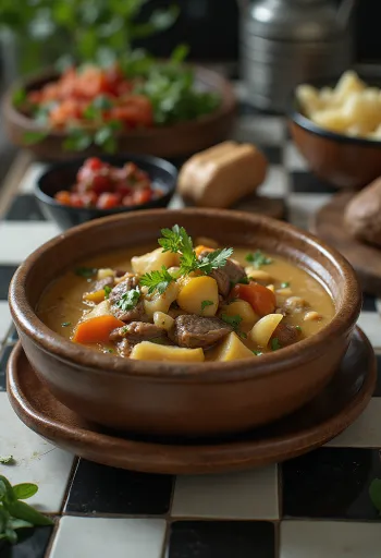 Estofado de yak con té de mantequilla servido en un tazón rústico con hierbas frescas.