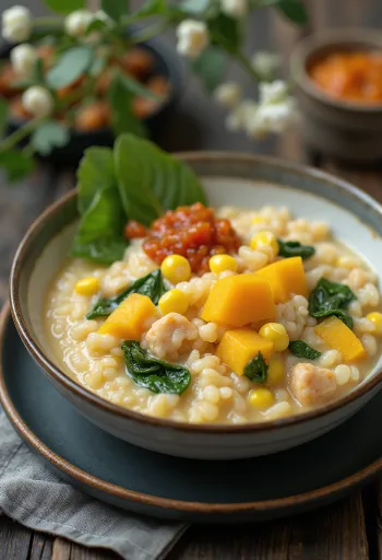 Bubur Manado gachas de arroz con verduras y leche de coco, especias frescas