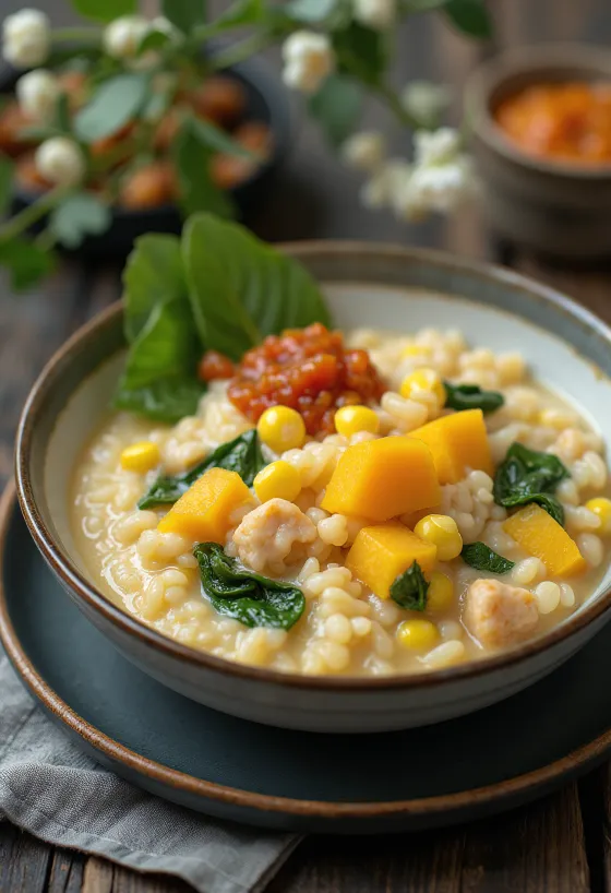 Bubur Manado gachas de arroz con verduras y leche de coco, especias frescas