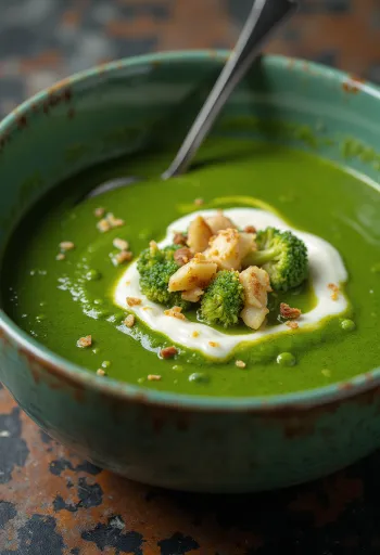 Crema de brócoli con ajo y albahaca servida