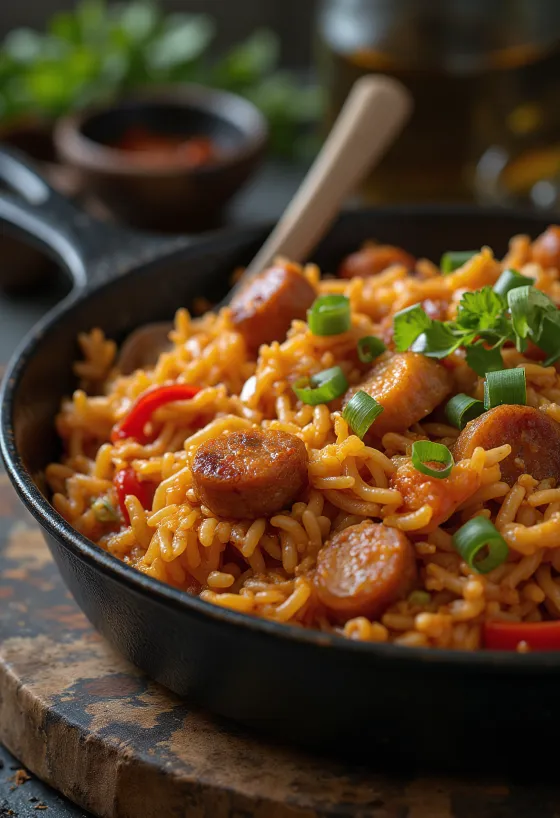 Jambalaya de pollo con ricos sabores e ingredientes coloridos