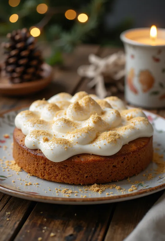 Pastel navideño de especias decorado con canela y polvo dorado