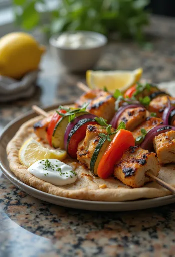 Kebab con verduras, pollo y yogur fresco