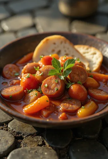 Lecsó con pimientos frescos, jitomate y chorizo ahumado