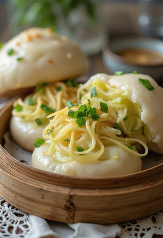 Bao buns con ajo silvestre y parmesano servidos