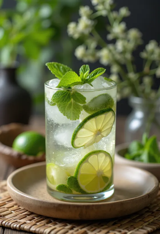 Mojito decorado con hojas de menta fresca y rodajas de limón