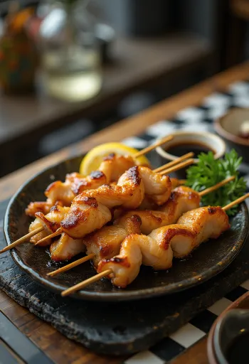 Nankotsu Yakitori cartílago de pollo a la parrilla, servido con cebollín y ajonjolí