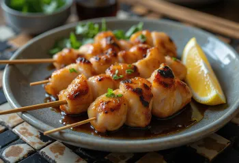 Nankotsu Yakitori cartílago de pollo a la parrilla, servido con cebollín y ajonjolí