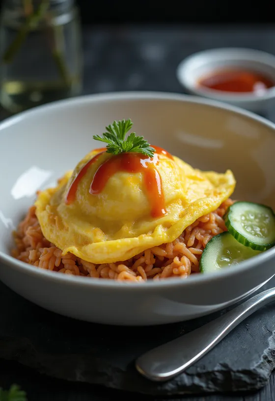 Tazón de Omurice servido con pepino