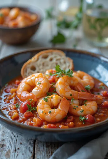 Camarones jugosos en salsa de tomate roja con albahaca fresca y pan