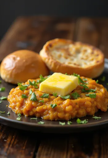 Pav Bhaji con mantequilla, servido con bollo crujiente y cilantro fresco