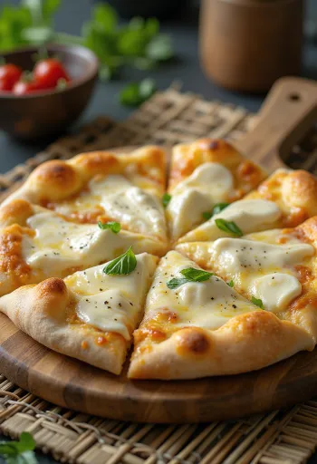 Pizza de mascarpone con mozzarella y albahaca