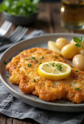 Schnitzel de cerdo con papas, cerdo crujiente y papas a la mantequilla