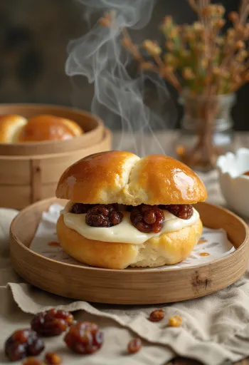Bao bun de ron con pasas servido