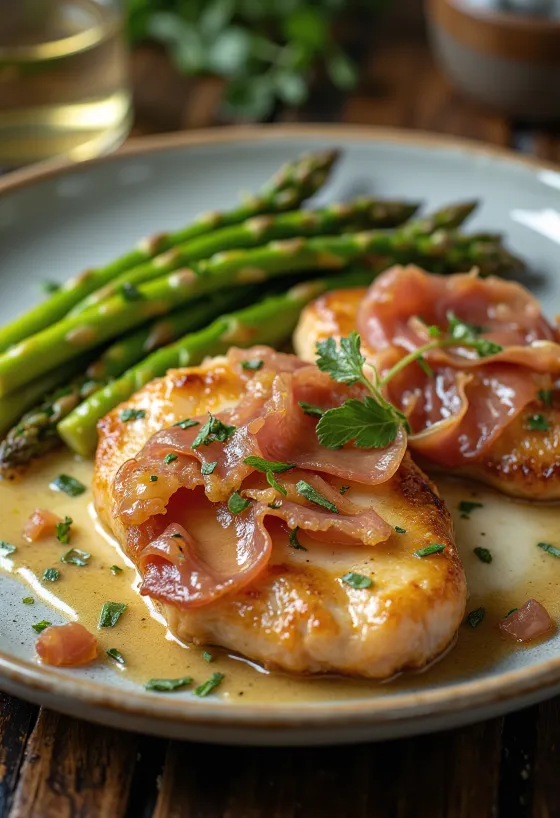 Saltimbocca con chuleta de cordero, servido con espárragos verdes, salvia y jamón