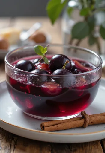 Compota de ciruela casera aromatizada con canela y clavo, servida en tazón de vidrio.