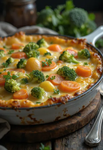 Gratinado de verduras en capas, horneado con queso y especias.