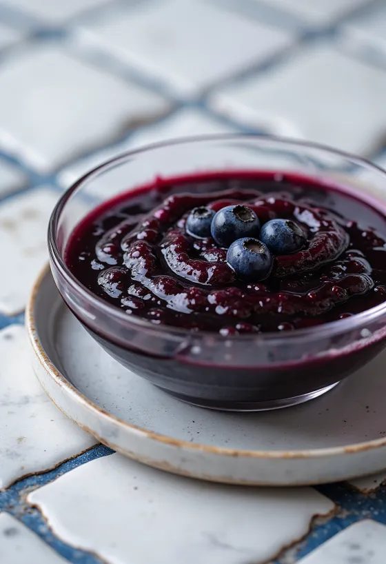 Salsa de arándanos con chile y aceto balsámico en un tazón, decorada con arándanos frescos y rodajas de chile.