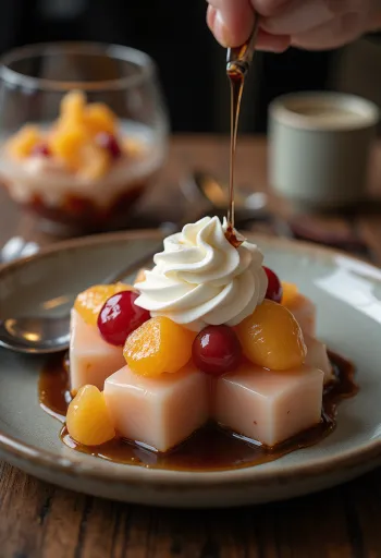 Anmitsu con crema batida y frutas