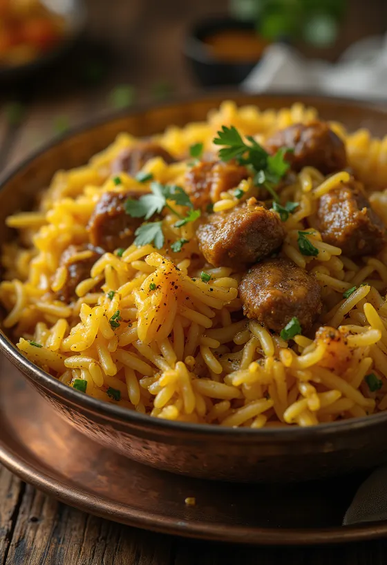 Biryani de Res con rica carne de res especiada y arroz basmati, decorado con cilantro y menta fresca.