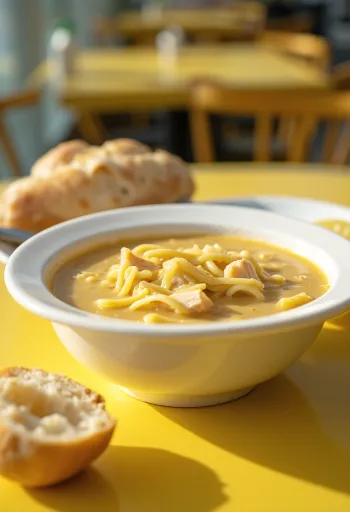 Ciorba Radauteana con pollo y crema, en un tazón decorado con perejil fresco