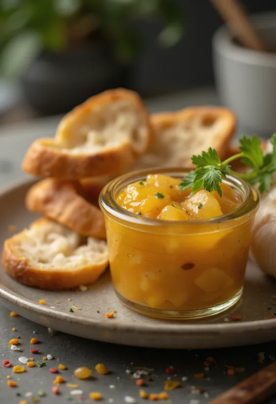 Chutney de ajo en frasco, salsa especiada rica