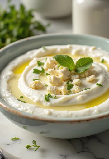 Salsa de yogur con feta y eneldo servida con pan pita fresco