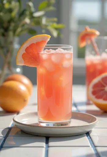 Jugo de naranja y toronja en vaso alto, decorado con rodajas de naranja y toronja