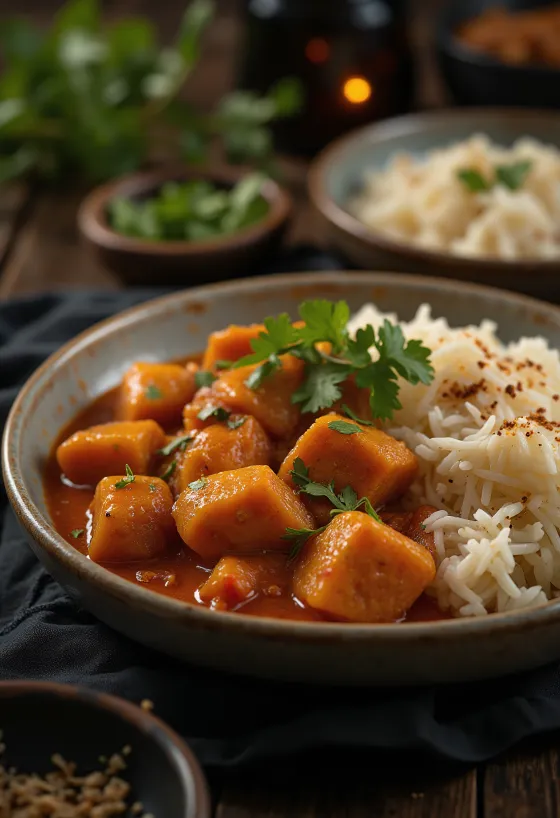 Pork Vindaloo servido con arroz y cilantro fresco