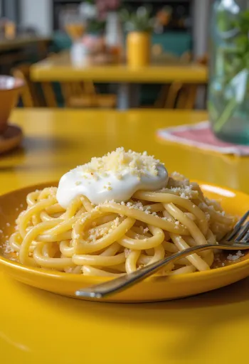 Pasta caliente con crema y queso rallado encima, servida en plato blanco.