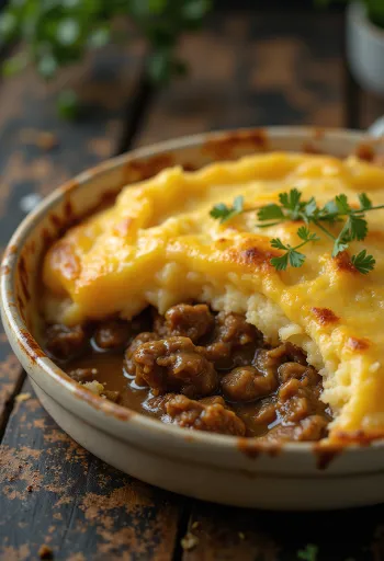 Shepherd’s pie servido con una capa de puré de papa crujiente