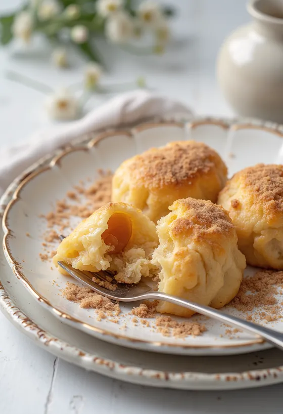 Bolas de papa con ciruela recién hechas con azúcar, canela y pan molido